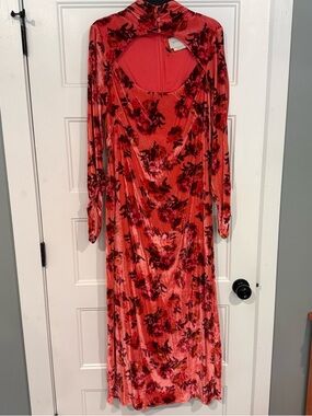 BHLDN Coral Red Floral Velvet Long-Sleeve Maxi Dress